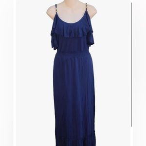 NWT Michael Kors Cold Shoulder Maxi Ruffle Dress Navy Cut Out Sleeve Size 2X